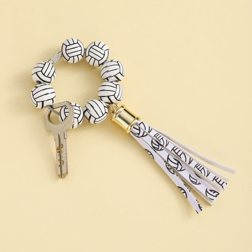Wholesale Football Wooden Bead Bracelet Wrist Tassel Keychain