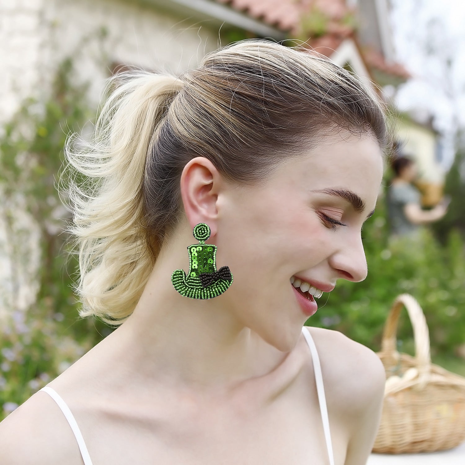 Wholesale St. Patrick's Day Sequined Rice Beads Green Earrings