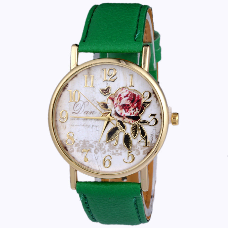 Wholesale Glass Mirror Imitation Leather Strap Rose Pattern Watch