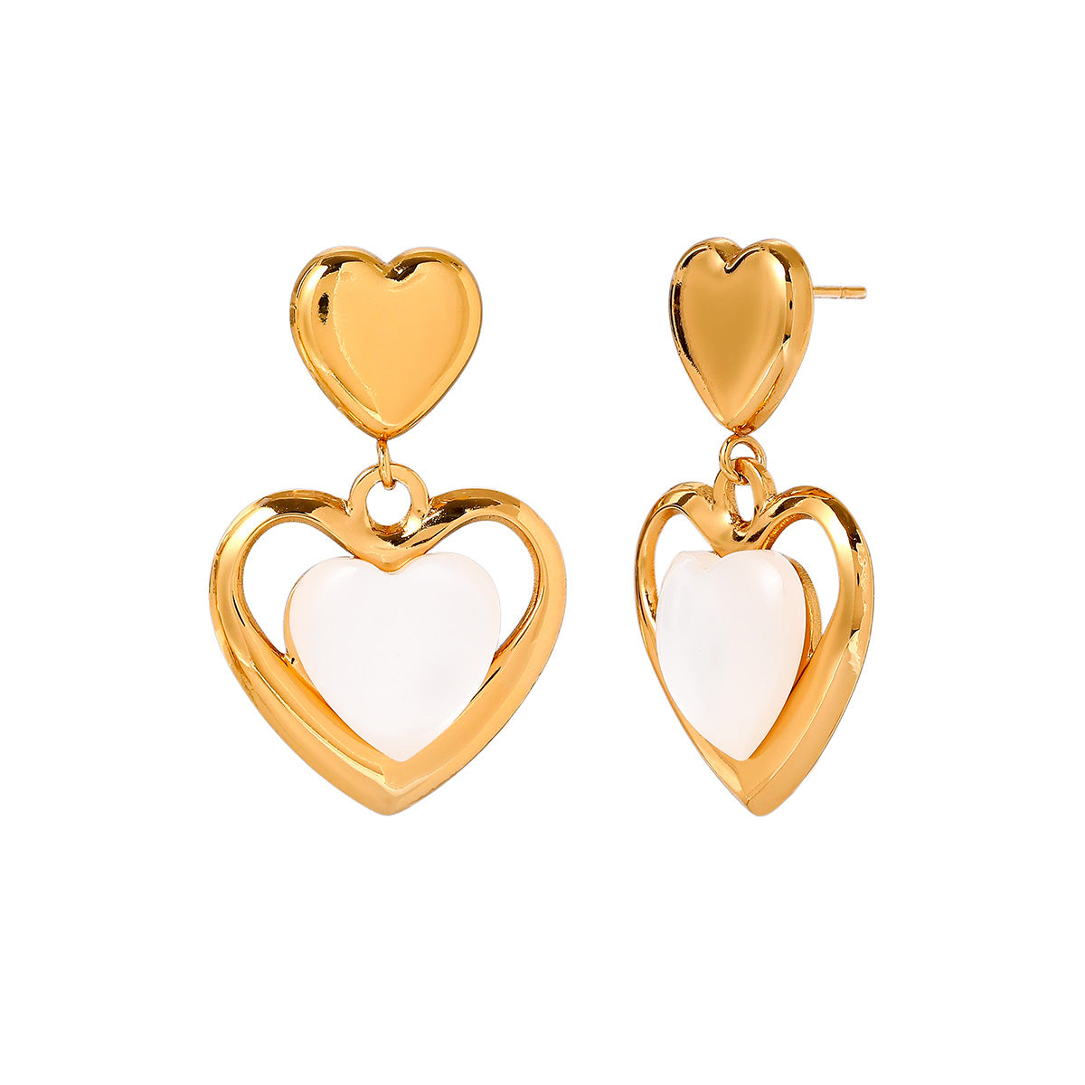 Wholesale Stainless steel heart earrings for women inlaid with cat' s eye stone