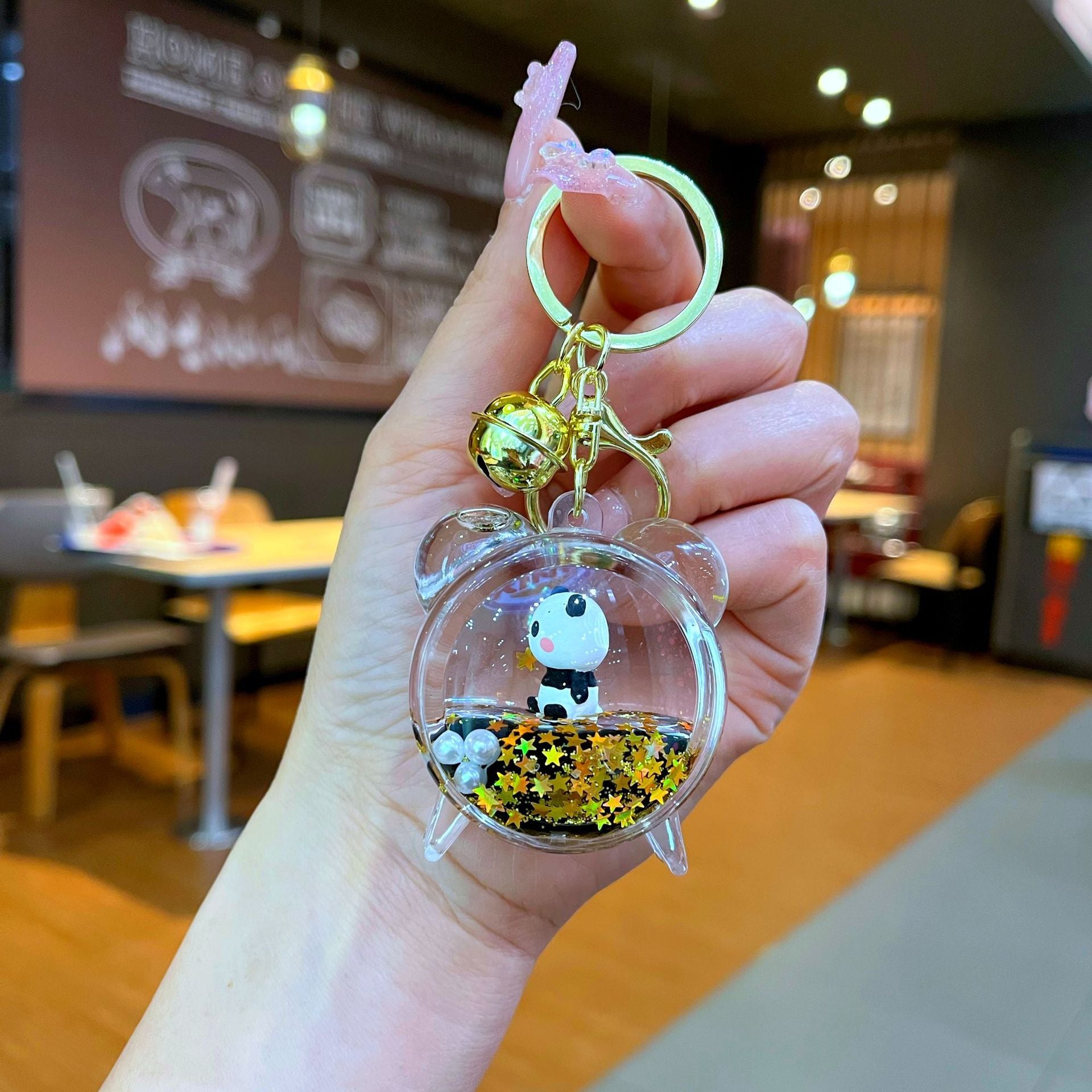 Wholesale Black gold floating cartoon cute panda Liquid Keychains