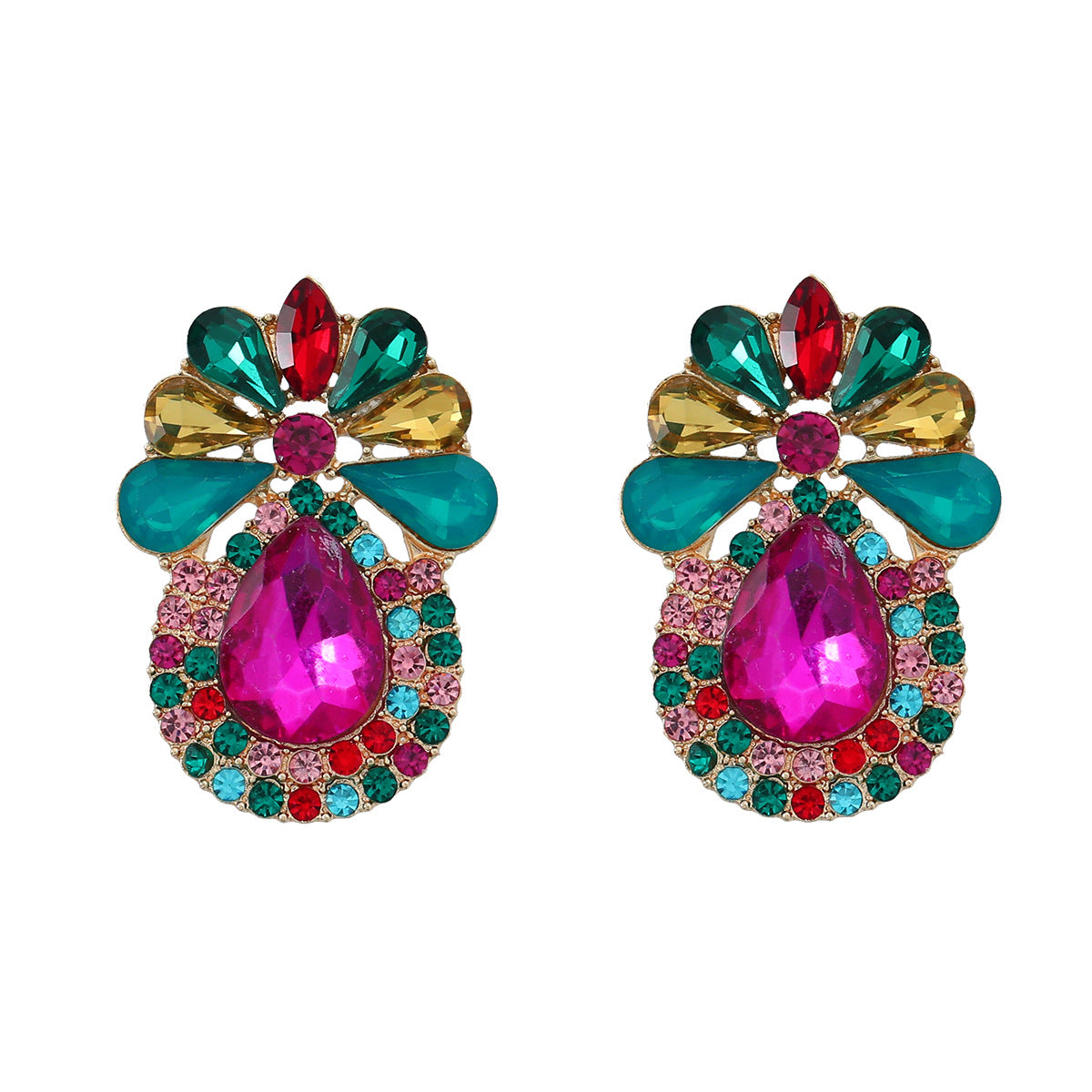 Wholesale Alloy Color Diamond Drop Shape Flower Gemstone Earrings