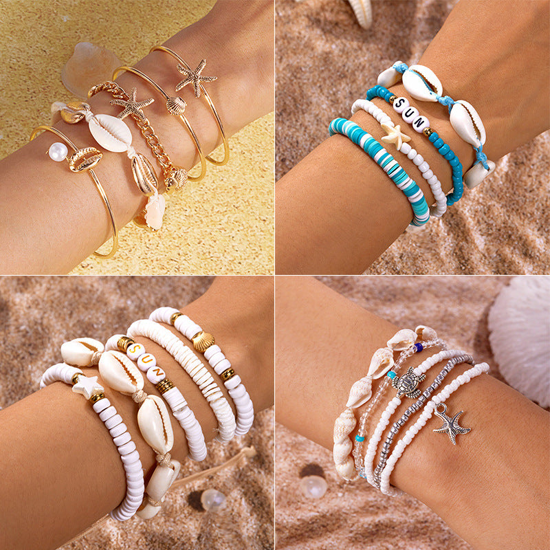 Wholesale Bohemian style conch, starfish, turtle rice bead bracelet set