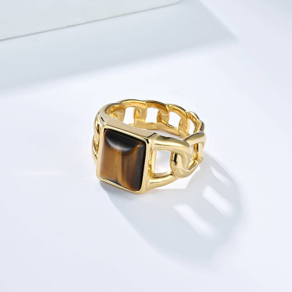 Wholesale Hip Hop Tiger Eye Gemstone Titanium Steel Ring