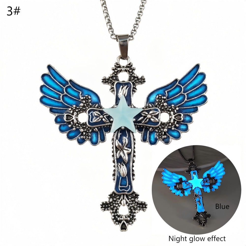 Wholesale Luminous pentagram cross wing necklace