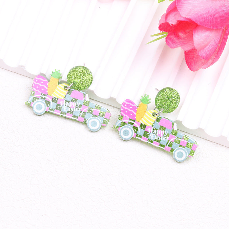Wholesale Easter rabbit colored printed Easter egg acrylic earrings