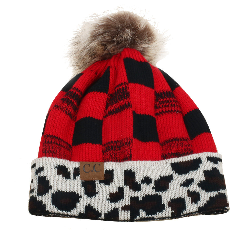 Wholesale Wool Ball Knitted Hat Leopard Plaid Autumn and Winter Warm Woolen Hat
