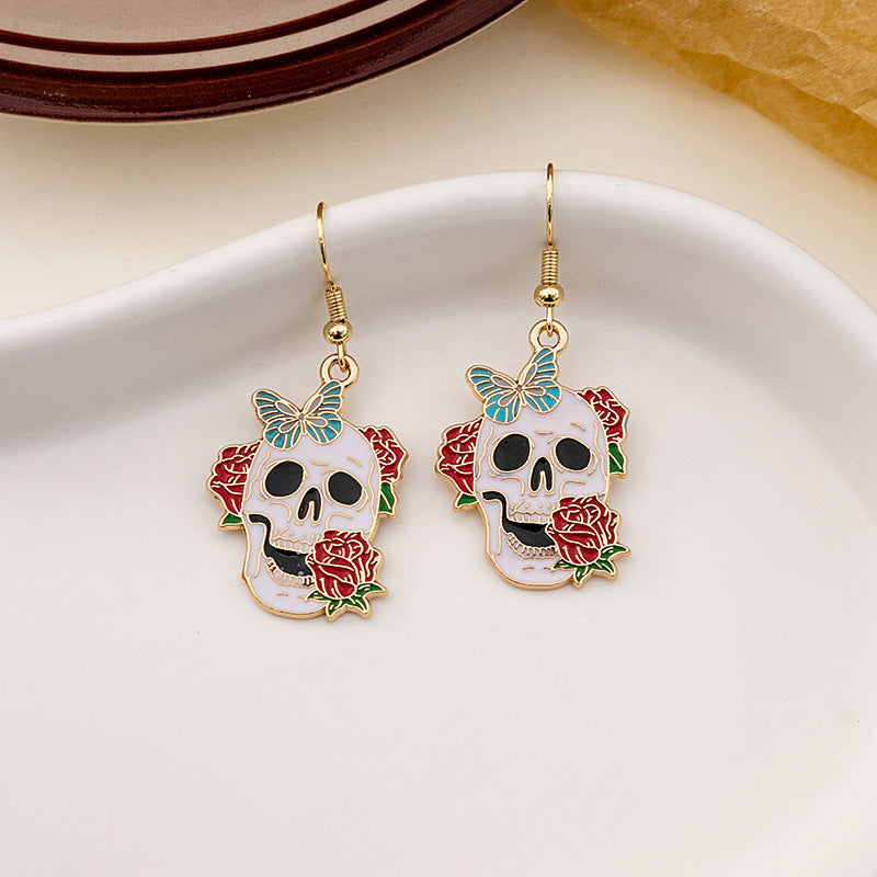 Wholesale Halloween Rose Flower Skull Cartoon Mushroom Butterfly Alloy Earrings