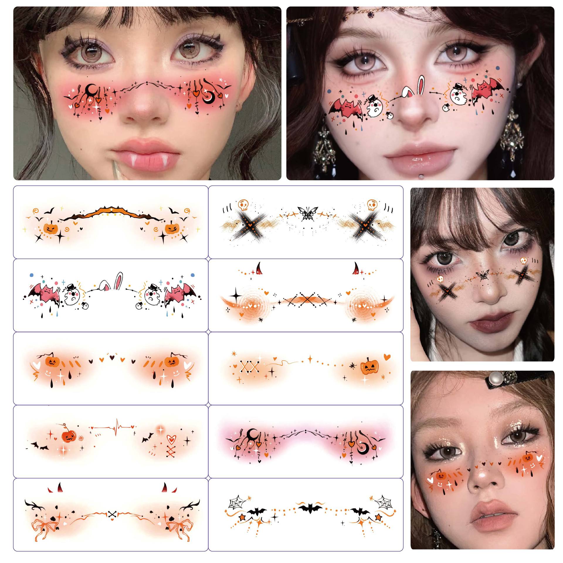 Wholesale 10pcs/pack New Halloween Makeup Face Stickers, Cute Ghost Makeup Tattoo Stickers, Photography Props Stickers, Waterproof and Sweat-Proof