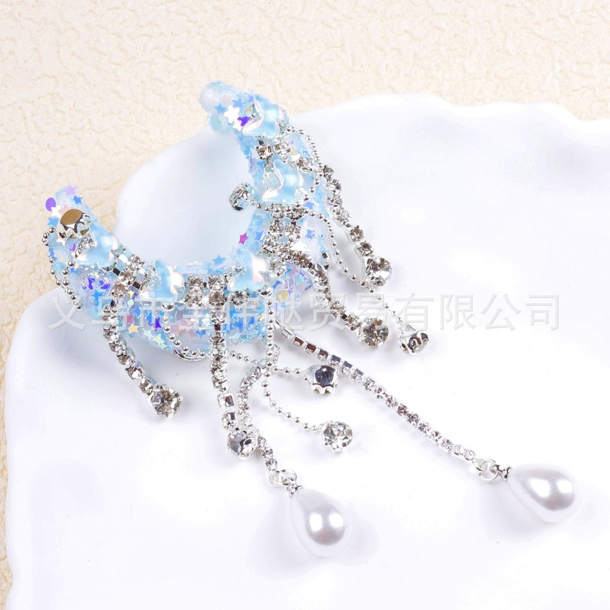 Wholesale Heavy Industry Moon Tassel Studded Diamond Bow Pearl Beading