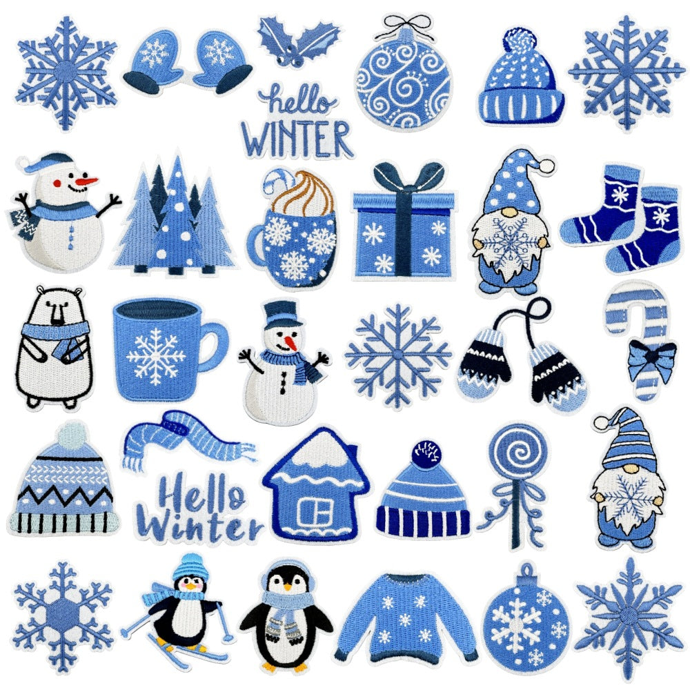 Wholesale Chic Blue Doodle Christmas Embroidery Patches Clothing Applique Stickers DIY Fashion Accessory Gift