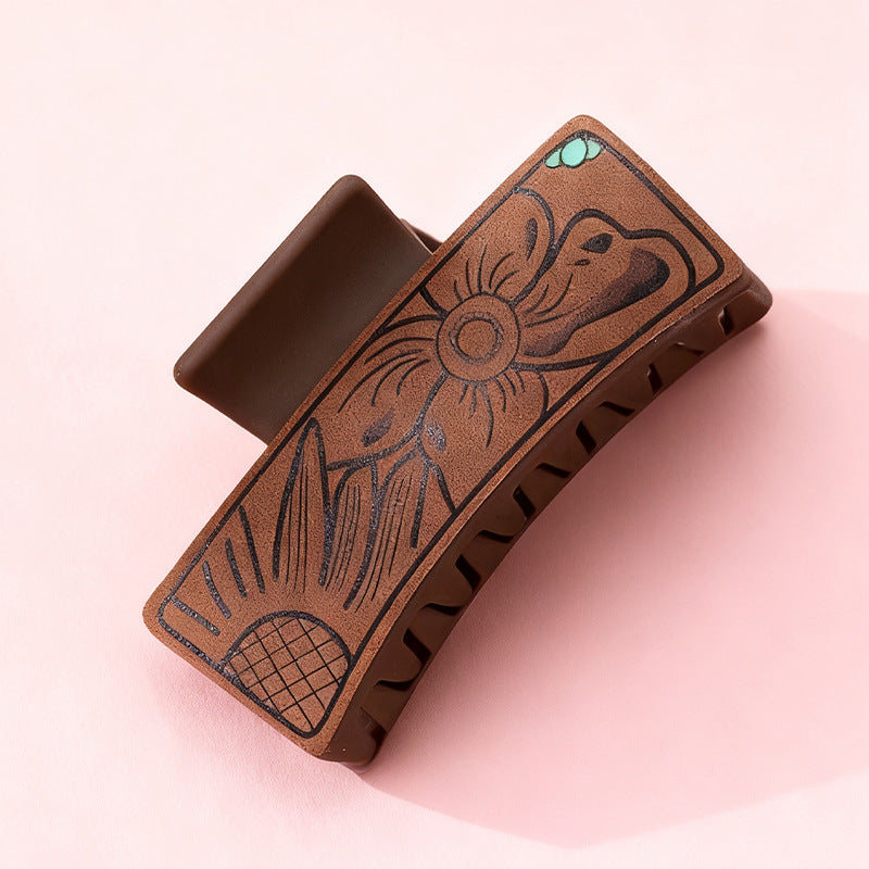 Wholesale Western Style Large Leather Hairpin Antique Carved Design Retro Hair Accessories Women' s Headwear Source Factory