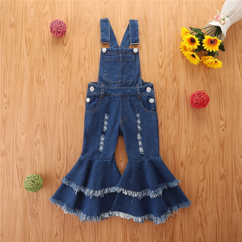 Wholesale Polyester Children's Fashion Suspender Denim Flare Pants