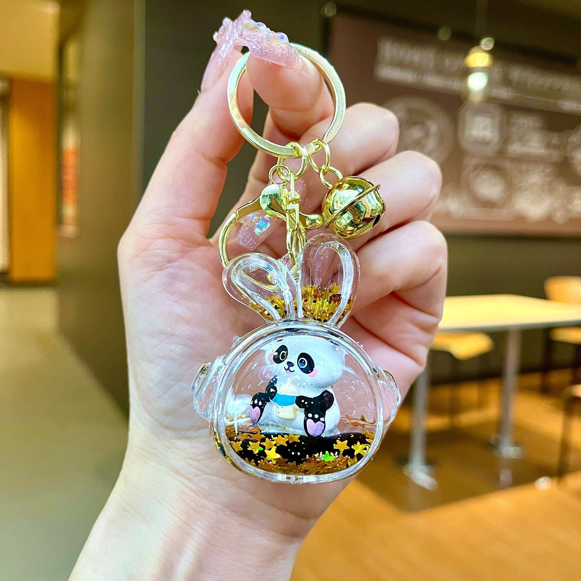 Wholesale Black gold floating cartoon cute panda Liquid Keychains