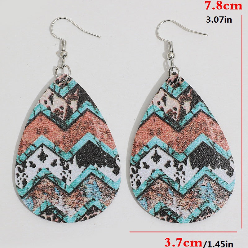 Wholesale Vintage Western Cow Pattern Droplet Leather Earrings