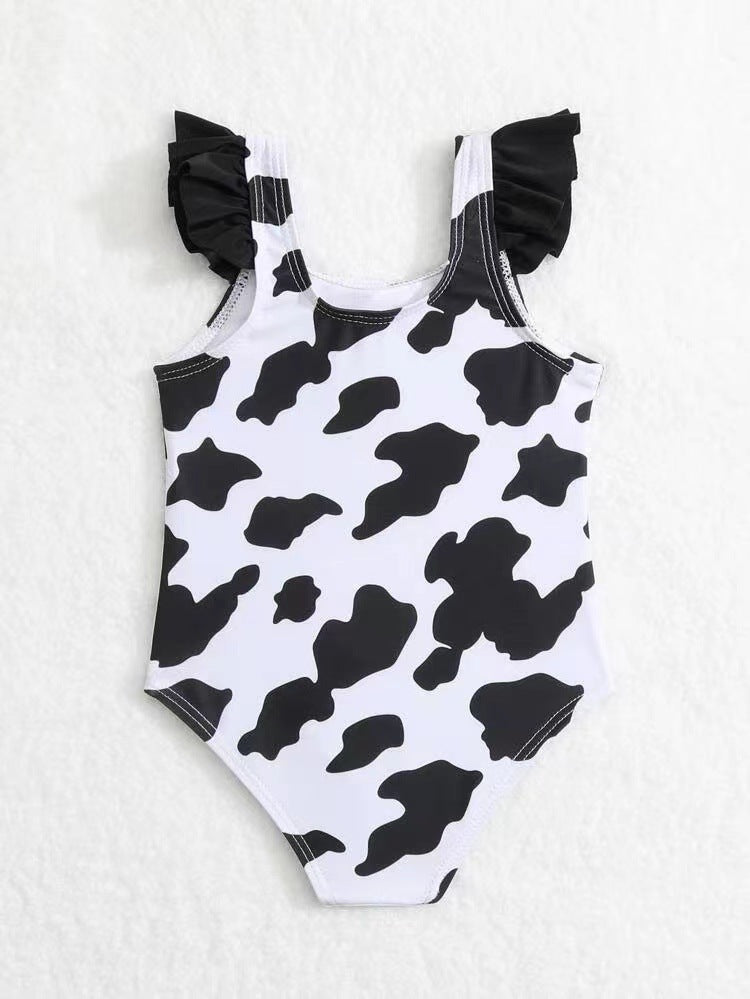 Wholesale Baby Girls Ruffles Dairy Cow Black and White Printed Bow One Piece Swimwear