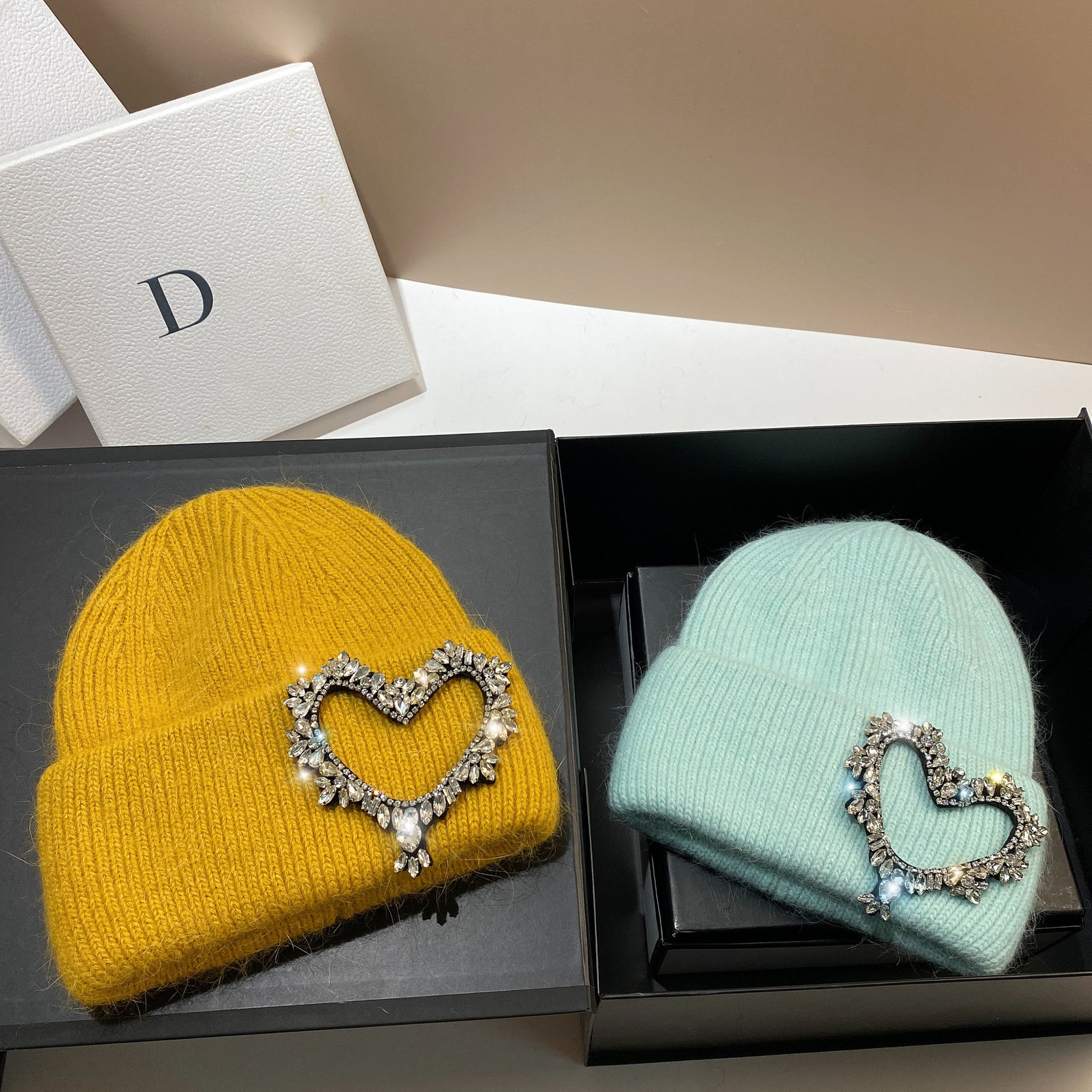 Wholesale Heavy Industry Hand Sewn Rhinestone Heart Rabbit Fur Earmuffs Knitted Hat