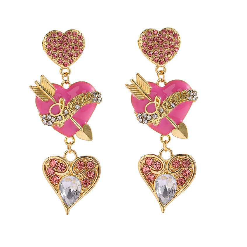 Wholesale Valentine's Day Alloy Oil Drop Diamond Pink Love Earrings