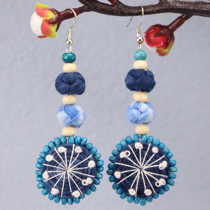 Wholesale Tie-dye blue dye earrings earrings ethnic style buckle flower blue earrings tie-dye earrings
