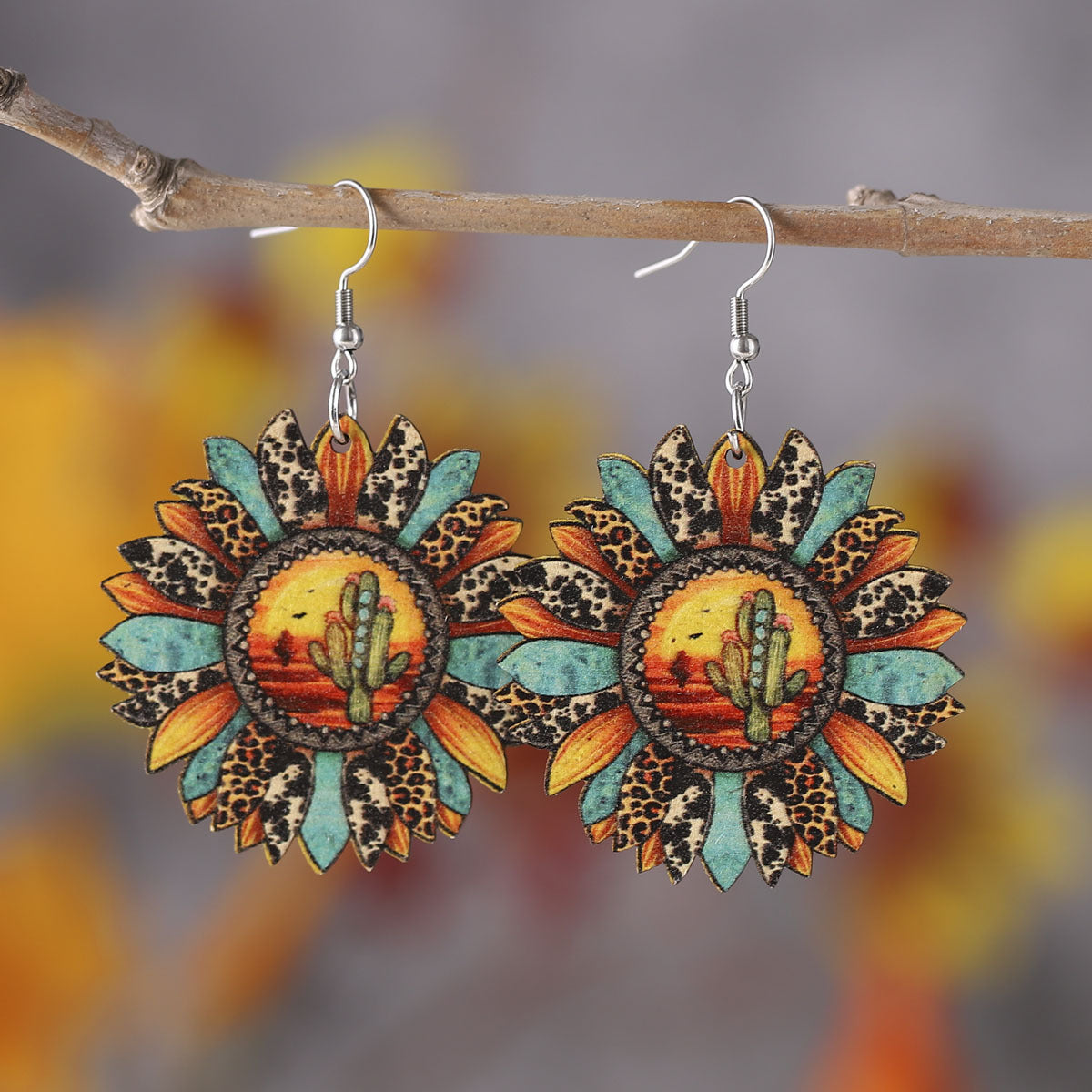 Wholesale Wooden Western Style Leopard Sunflower Cactus Drop Earrings Double Sided Printed Fashion Accessory Party Gift