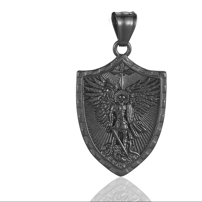 Wholesale Golden Stainless Steel Sword Wielding Warrior Angel Shield Men' s Necklace