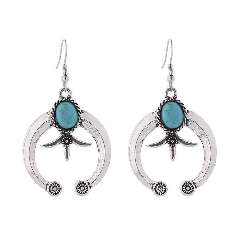 Wholesale Vintage Geometric Carved Antique Silver Turquoise Earrings