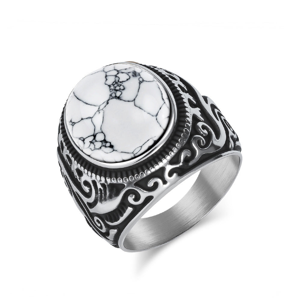 Wholesale Vintage carved flower inlaid tiger eye gemstone Stainless steel ring