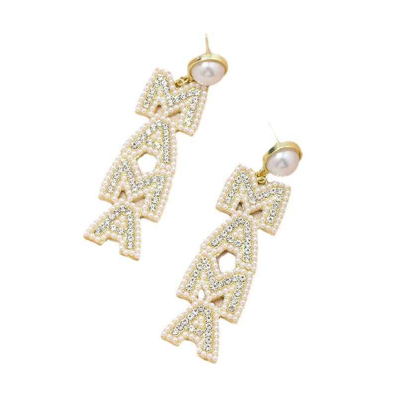 Wholesale Mother' s Day Creative Letter  Diamond Pearl Earrings Luxury Earrings