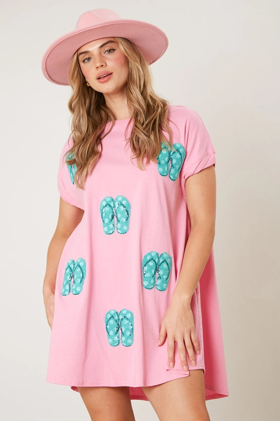 Wholesale Beach Sequin Short Sleeve Loose Casual Dress