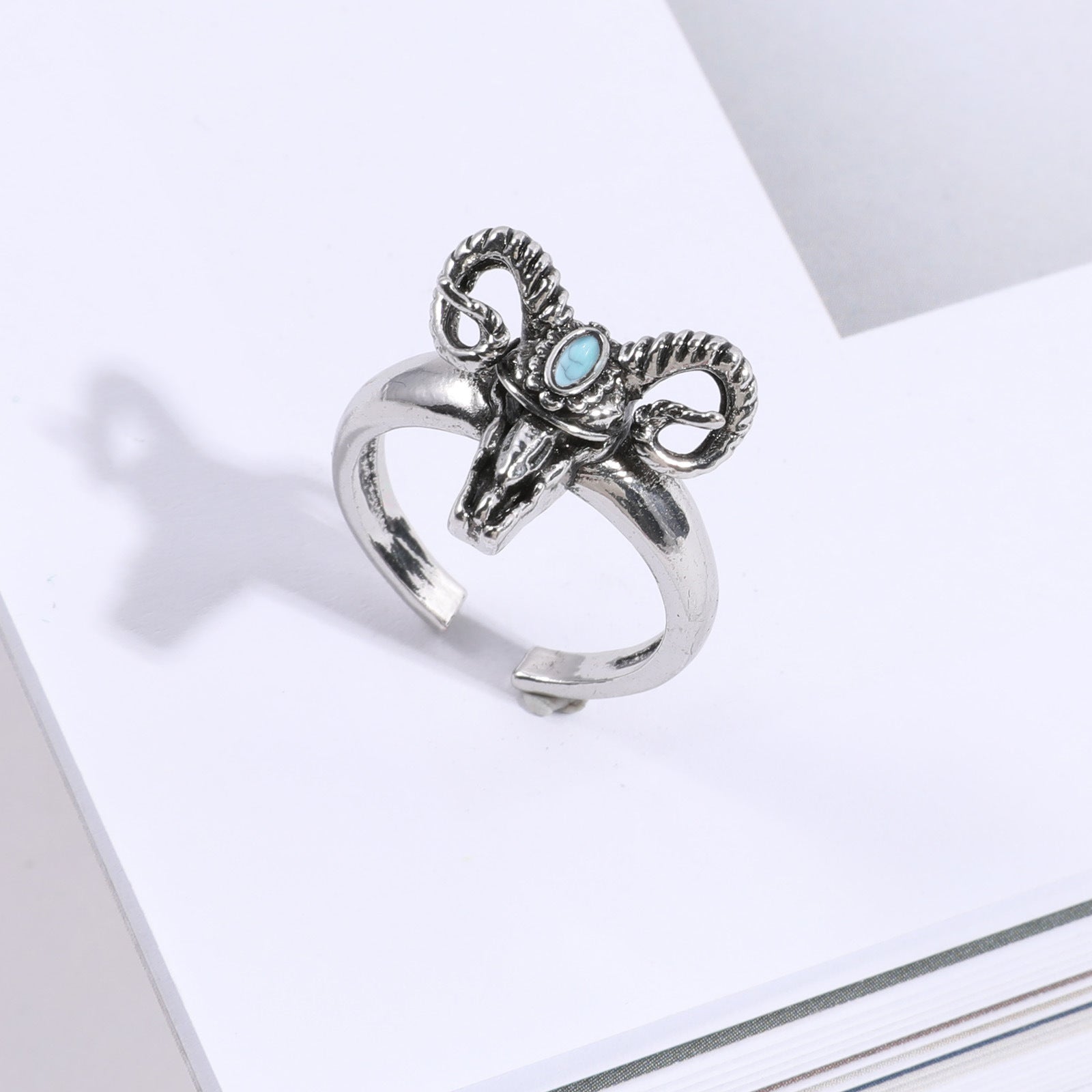 Wholesale Personalized Western style blue turquoise alloy sheep head ring