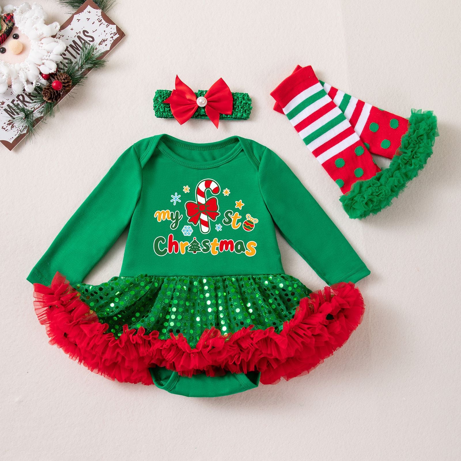 Wholesale Red Long Sleeve Sequin Tulle Baby Girl Christmas Dress Set With Hairband Leg Warmers Boutique Holiday Outfit