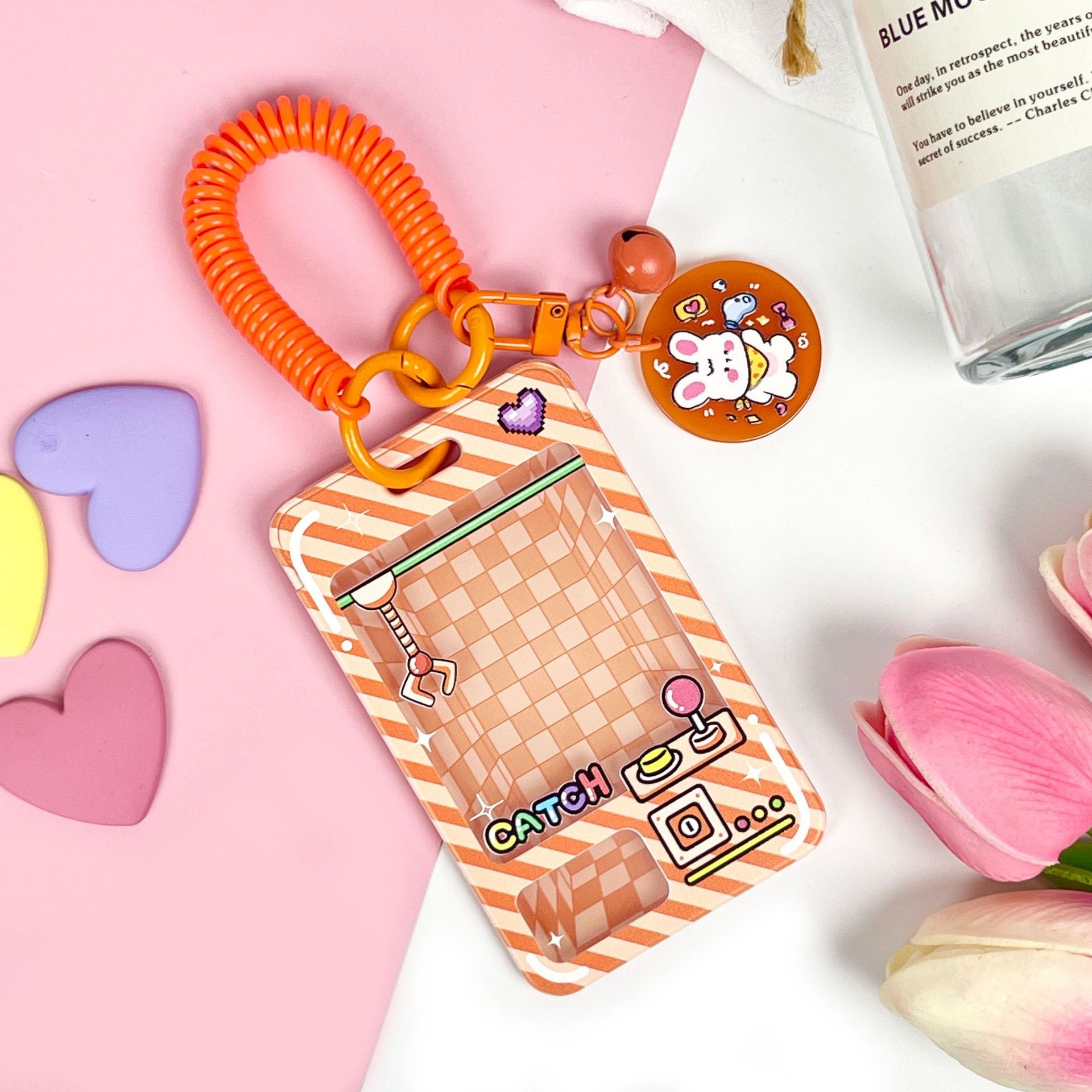 Wholesale latch type transparent card holder cartoon ID holder embossed bus card protective cover key chain