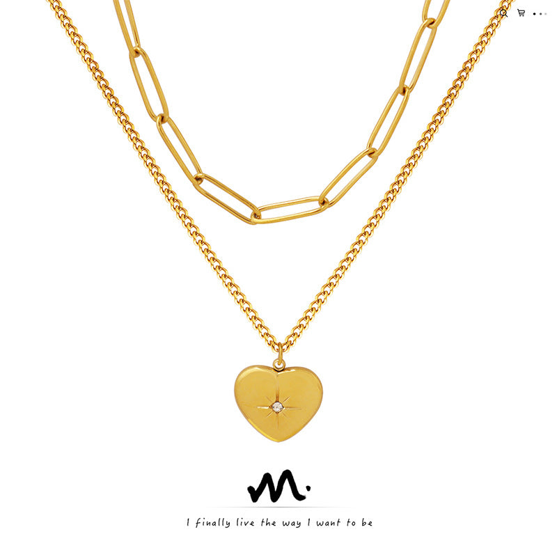 Wholesale 18k gold plated double heart-shaped star inlaid zircon pendant necklace