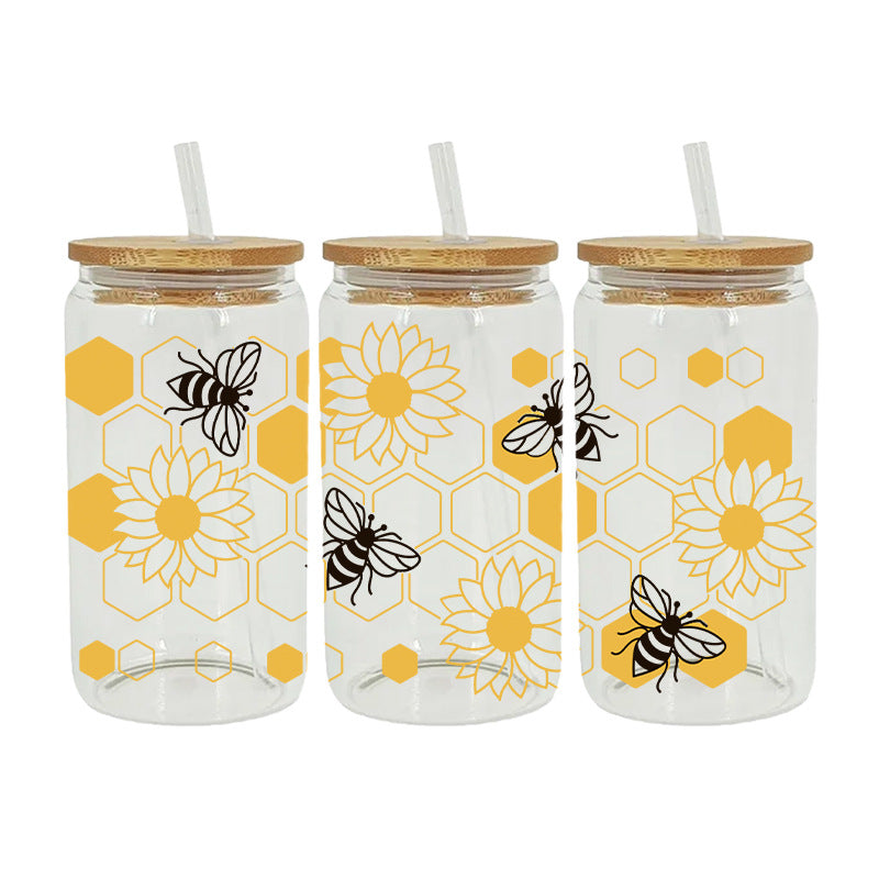 Wholesale Cartoon Cute Yellow Bee Butterfly Flower Theme 16oz Cup UV DTF Wraps