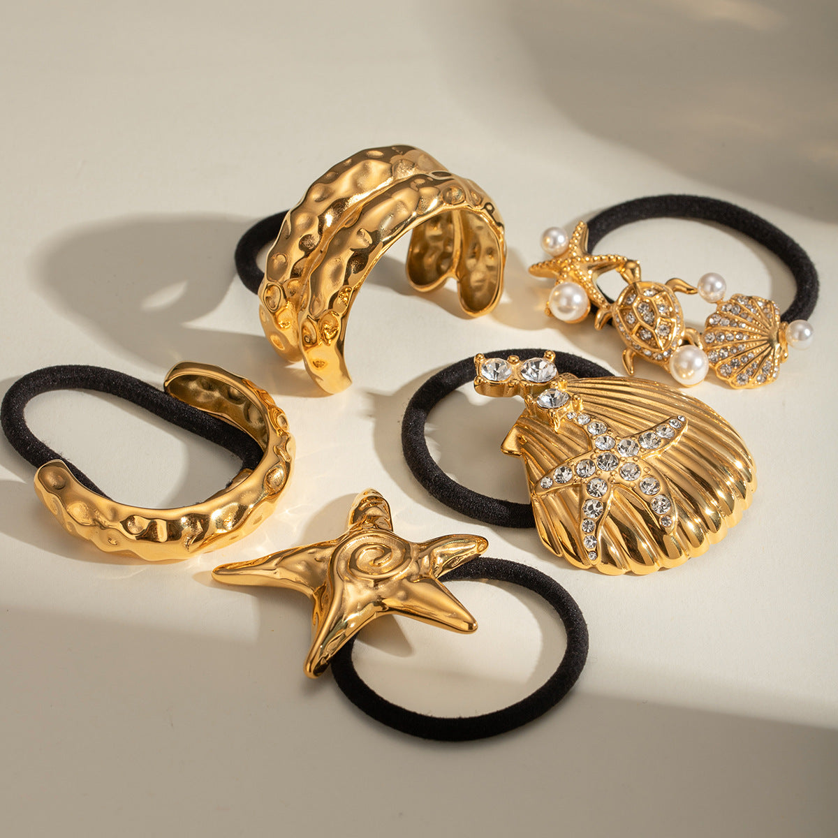 Wholesale 18k Gold Stainless Steel Temperament Fashion Double Layer Hammered Metal Hair Scrunchies