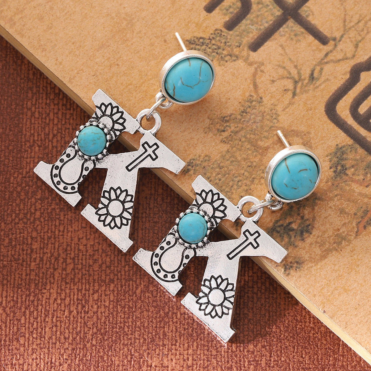 Wholesale Western Denim Sunflower Cactus Alloy Earrings