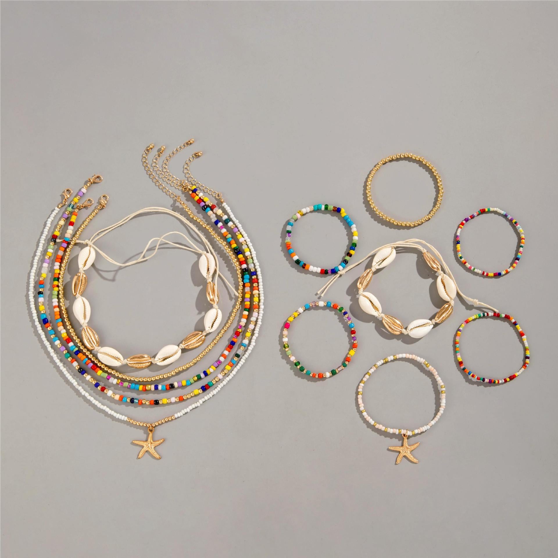 Wholesale 12 sets of Bohemian colorful rice bead rope necklace bracelet set