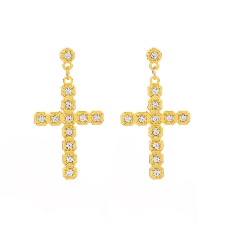 Wholesale Gute Alloy Inlaid Colored Diamond Cross Super Flash Ladies Earrings