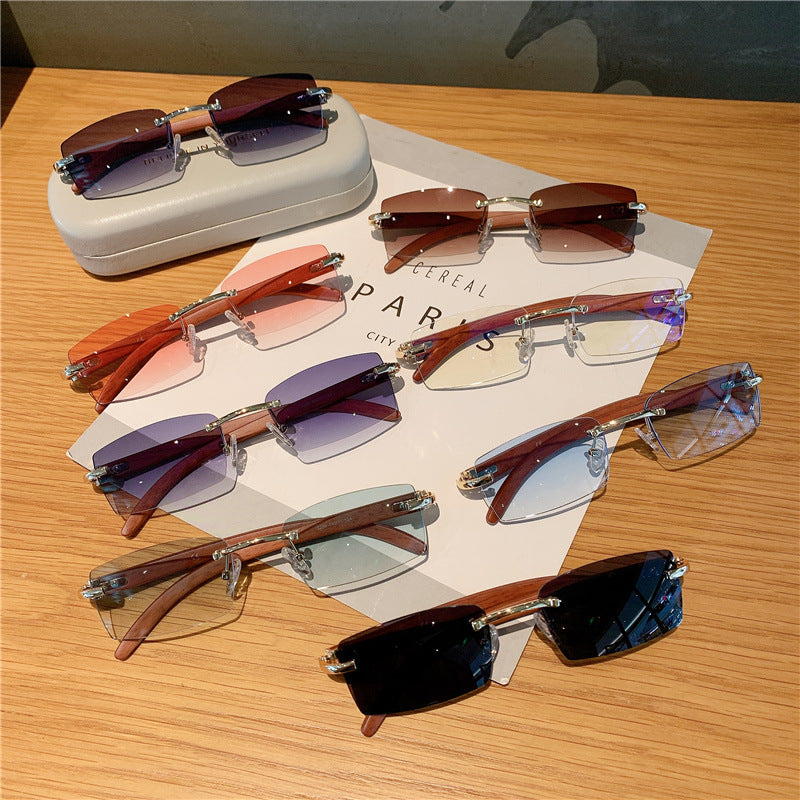 Wholesale Frameless faux wood grain temple sunglasses