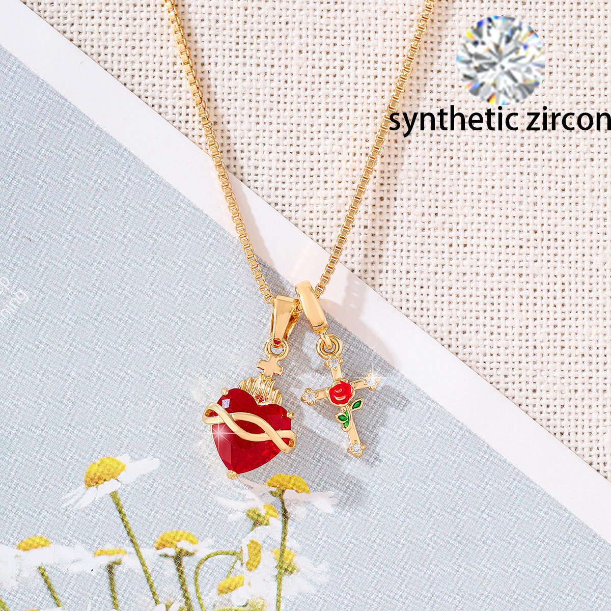 Wholesale Red Sacred Heart Cross Pendant Necklace Heart Shaped Collarbone Chain In Copper Fashion Jewelry Gift Accessory