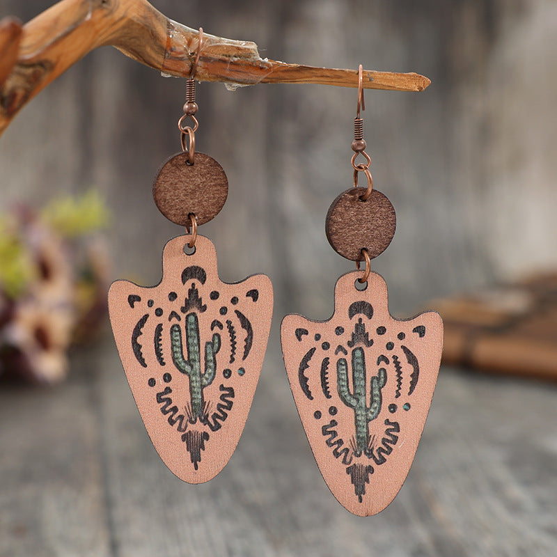 Wholesale Western Vintage Style Arrow Carved Cactus Wooden Earrings