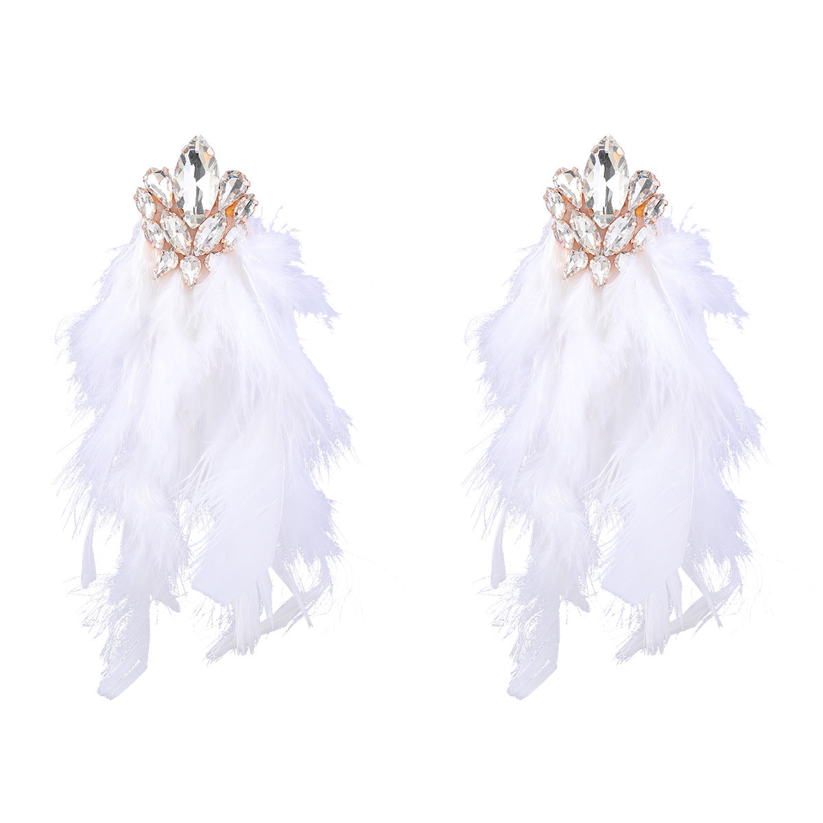 Wholesale Exaggerated Alloy Diamond Floral Long Feather Tassel Earrings