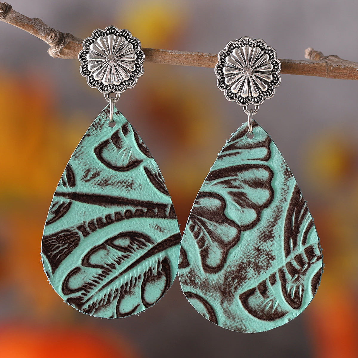 Wholesale Western Bohemian Embossed Leather Earrings
