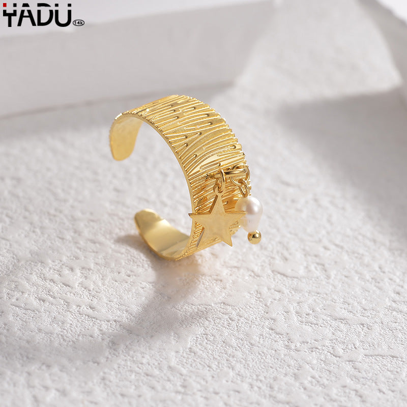Wholesale French Vintage Irregular Pearl Ring For Women Stainless Steel Hollow Adjustable Chic Jewelry Accessory