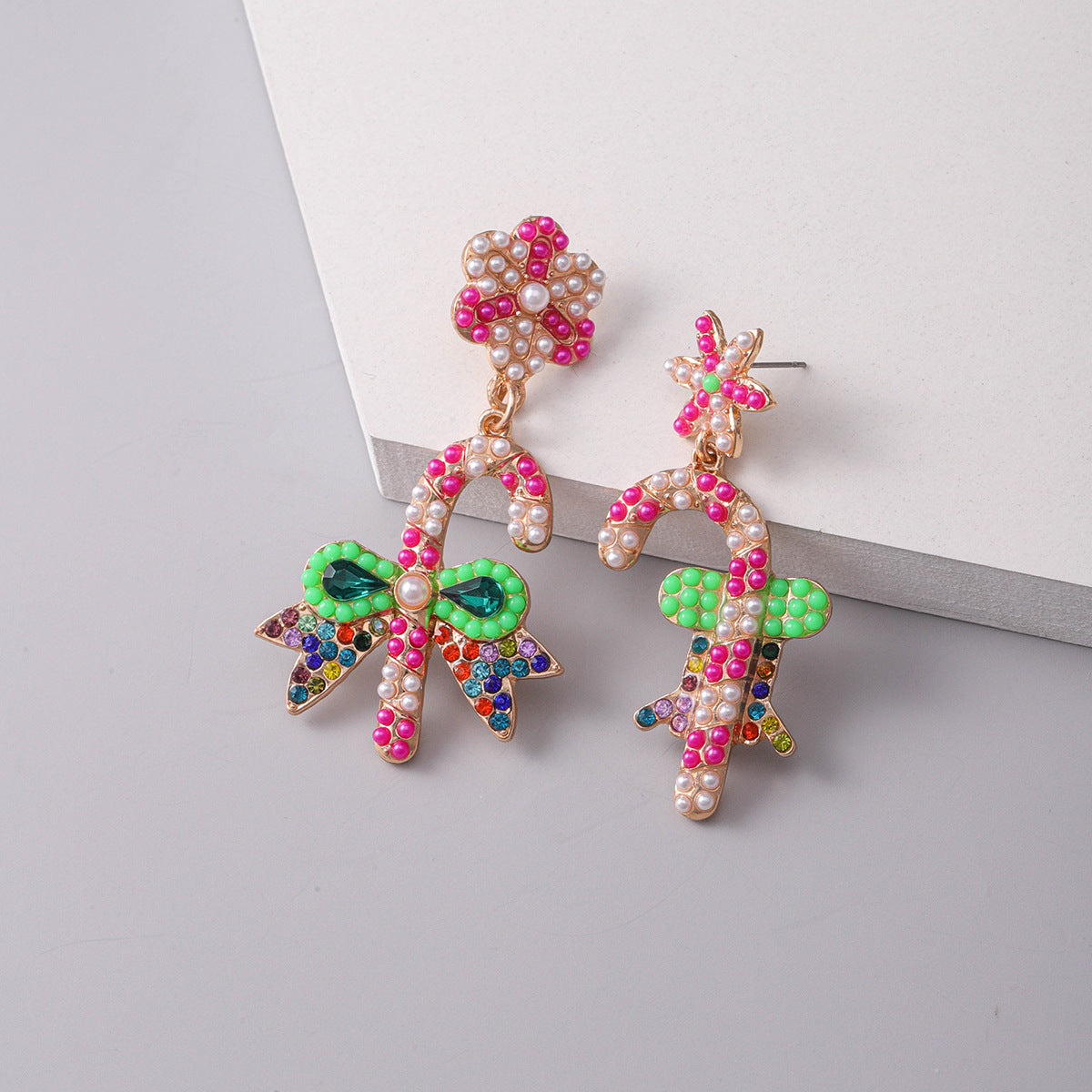 Wholesale Christmas Cane Bow Pearl Rice Bead Earrings