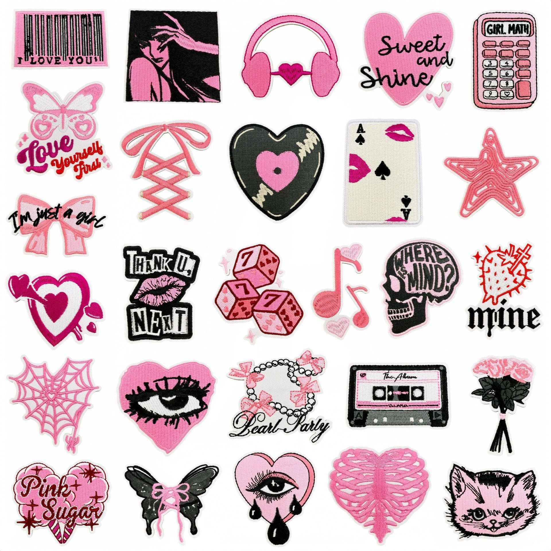 Wholesale Y2K Black Pink Urban Cool Embroidered Patch Set 27Pcs Skull Heart Butterfly DIY Decorative Patches For Clothes Bags Fashion Accessory Gift Resale