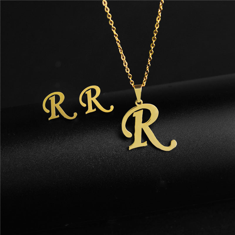 Wholesale Stainless Steel 26 Letter Necklace Earrings Two Piece Set