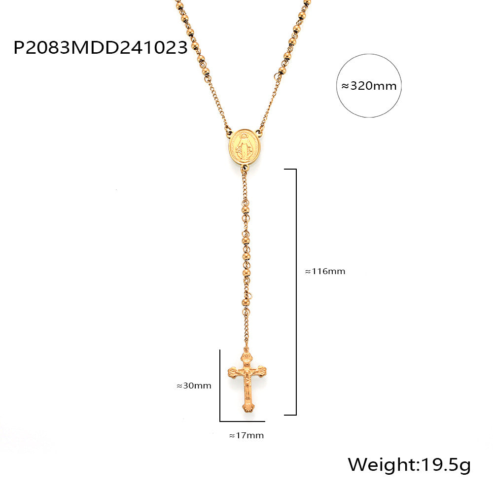 WholesaleRetro Rosary Cross Figure Round Pendant Titanium Steel Necklace