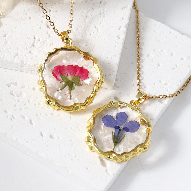 Wholesale 6pcs/pack Light Luxury Flower Necklace Eternal Flower Drop Glue Pendant Dried Flower Jewelry True Flower Necklace Design