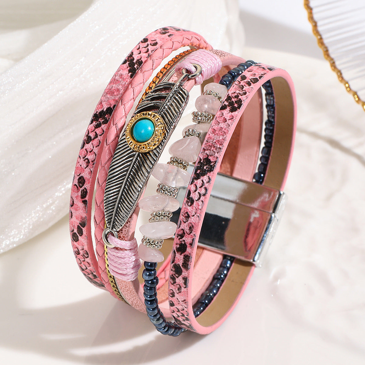 Wholesale Vintage Feather Green Pine Stone Feather Bracelet  Layered Bracelet Set